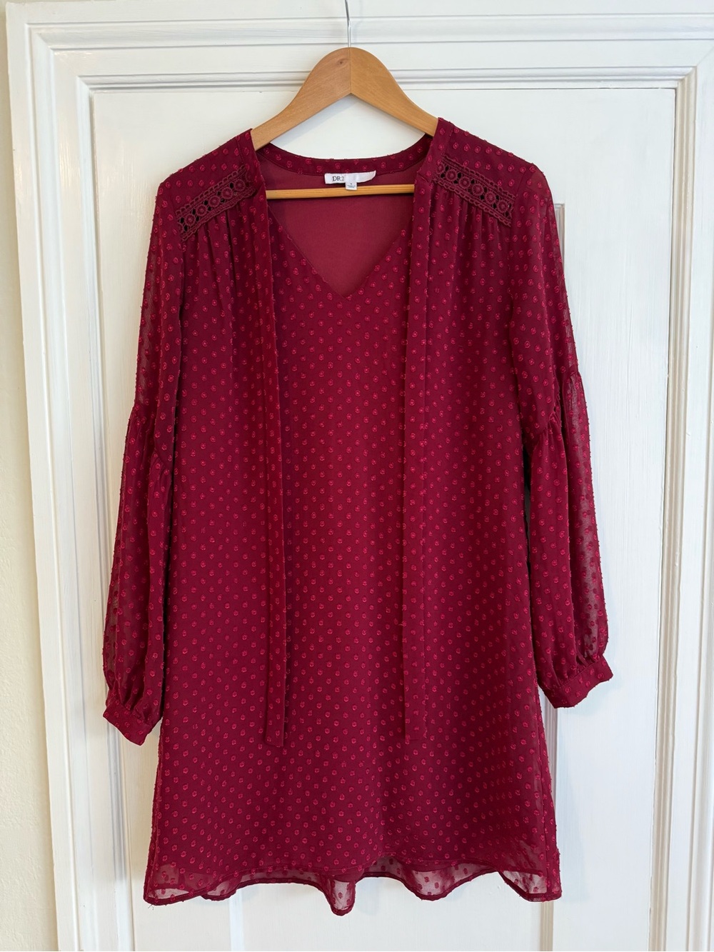 Women's Burgundy Long-Sleeve V-Neck Shift Dress Polka Dot Burnout